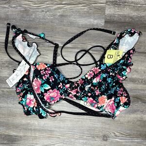 Sundazed Women's Black Multi Floral Brooke Underwire Bikini Swim Top sz 34B